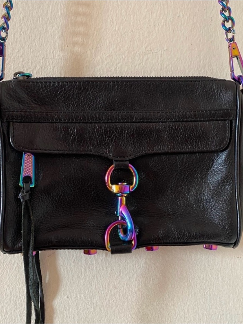Rebecca Minkoff Black Leather Bag with Rainbow Oil Slick Hardware